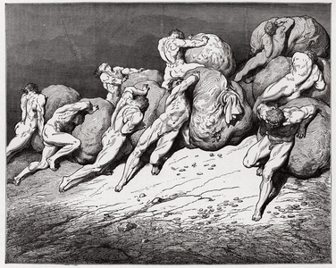 The Divine Comedy, Inferno, Canto 7: The souls of the avaricious and the prodigal forced to roll heavy stones - by Dante Alighieri, 1885