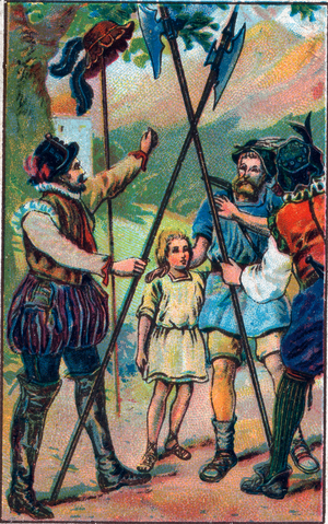 Guillaume Tell (William Tell) (legendary heros of Swiss independence) refused to bow to the hat. Chromolithography of the late 19th century.