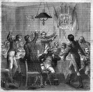 Bonapartist banquet under the Restoration between the fall of the First Empire on 6 April 1814 and the revolution of the Three Glorieuses on 29 July 1830. Engraving in “Histoire des Papes-Rois-Queen and Empereurs a travers les centuries”” by Maurice Lachatre, 1863.