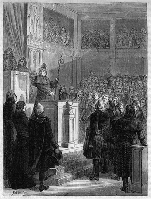 Jean Baptiste Gobel, archeveque of Paris, wearing a red cap and holding his mitre in hand, gave up his duties and pretrise on 7 November 1793, 1866 (engraving)