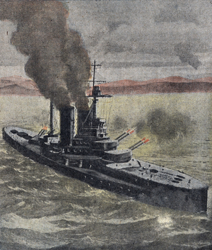 War 1914-1918. Expedition of the Dardanelles (1915). The English superdreadnought "Queen Elizabeth bombing the fort of the Dardanelles.