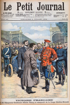 French victory, Emperor Wilhelm II congratulates Thery, French car racer, winner of the Gordon-Bennett Cup - French victory, 1904 (print)