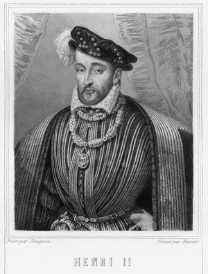 Portrait of Henry II (1519 - 1559), King of France - in “Histoire des Français”” by Lavallée, engraving, sd., 19th century.
