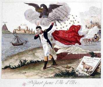 Departure for the island of Elba: Napoleon holding a bell, an imperial eagle above reminding him of his titles, Moscow in flame in the background, and in the foreground: Fable de Lafontaine: “” the frog who wanted to be bigger than the ox””” (the chétive perre swallowed so well that she dived) - in “” Napoleon 1er, caricatures, collection dummy””, v. 1814