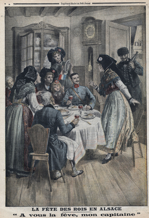 First World War: the feast of kings in Alsace, A French soldier is invited to eat the cake of kings at home, 1917 (print)