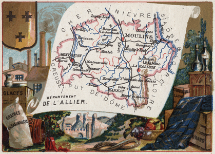 L'allier (03), Auvergne, France. Ice cream, Oilseeds, pitch, wool blanket and sheets. Series on the French Departments. Chromolithography (Chromo) “” the geographic thread””, circa 1920. Private collection.