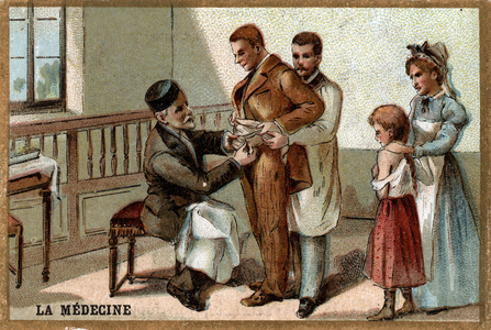 Sciences: Louis Pasteur administering rabies vaccination, years 1880. beg of 20th century (chromo)