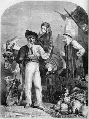 Fruit marches in the streets of Algiers, Algeria, 1859. Engraving in “” Le Monde Illustré”” n°99 of 5 March 1859.