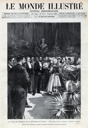 Journey of Sadi Carnot to Savoy: the President of the Republic is welcomed in Chambery by young girls offering him a bouquet of flowers, 1892 (engraving)