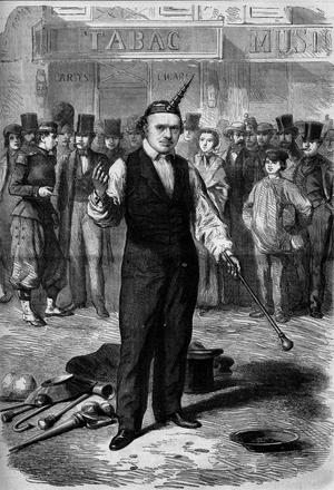 Street artist: a batonist (juggler of canes) in the streets of Parus, 1862. Engraving in “” Le Monde Illustré”” n°293 of November 22, 1862.