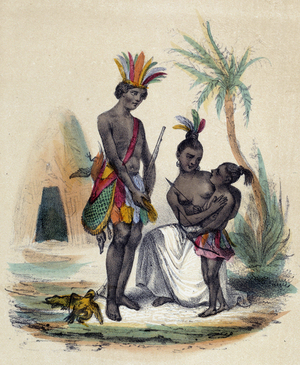 A family of Canadian Indians in front of their teepees, 1861 (engraving)