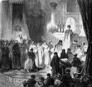 Religious Ceremony: fete of Saint Dominique (August 8) celebrated inside the old church of the Carmes in Paris, 1857. Engraving in “” Le Monde Illustré”” n°18 of 15 August 1857.