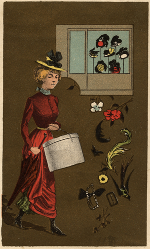 A bourgeois woman carrying a hat box, late 19th century (chromo)
