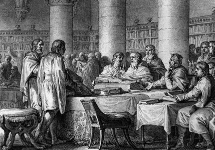 Re-establishment of studies in the West by the King of the Francs Charlemagne (747-814) and the monk Alcuin. 781. Engraving by Jean Michel Moreau, dit Moreau le Jeune (1741- 1814), 18th century.