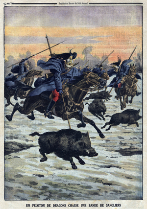 A platoon of dragons hunts a band of wild boars during a maneuver near Villey-le-Sec. 08/02/1914.