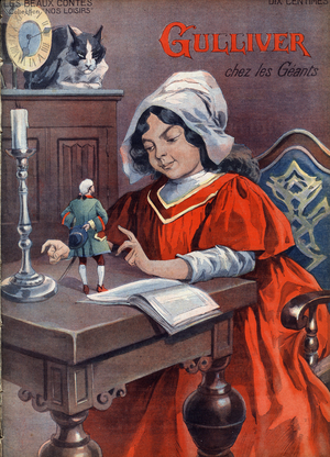 Gulliver in the giants (Brobdingnag). Tale by Jonathan Swift (1667-1745). Illustration of Vaccari and Carrey in “” Les beaux tales”” collection “” Nos loisirs””” around 1910. Private collection.