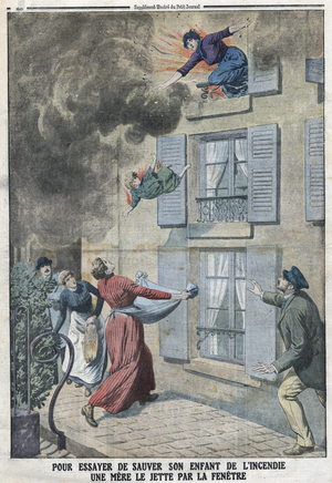 An  attempt to save her child from the fire, a mother throws him through the window in a house in the Faubourg Saint Martin in Paris, 1913 (print)