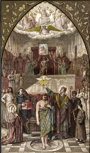 Saint Remigius baptizes Clovis in Reims in 496  (engraving)