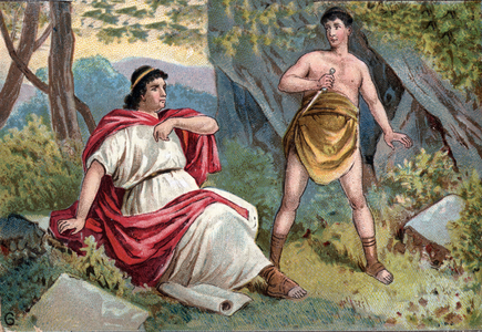 Caius Sempronius Gracchus (Gaio (Caio) Sempronio Gracco) (154-122 BC) (Gracque), tribune of the plebe, caught in a conflict between the Senat and the Plebe, ordered his slave to kill him, 122 BC Chromolithography around 1890.
