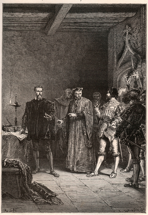 Louis de Berquin (1485-1529), knight and humanist, religious reformer, liberated by Jean de la Barre (1523-1533) prevot de Paris - Louis de Berquin (left) released from prison by John de la Barre - engraving from “” L'histoire de France racontee a mes grandenfants”” - by Francois Guizot - 1872-1876