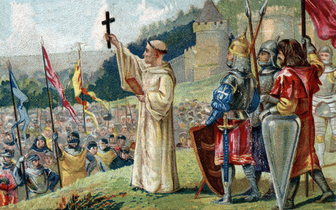 Saint Bernard of Clairvaux (San Bernardo di Chiaravalle) preaching the Second Crusade in the presence of King Louis VII and Queen Alienor of Aquitaine and Abbe Suger, in Vezelay in Burgundy on 31 March 1146. (St. Bernard Preaching the Second Crusade in Vezelay, 31st March 1146. Chromolithography of the late 19th century.