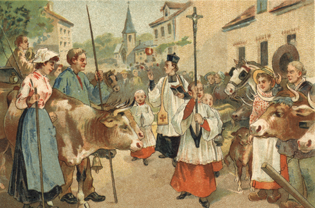 Old custom celebrated in the Nivernais region: the blessing of the herds. Chromolithography of the late 19th century.