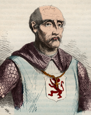 Portrait of Gui or Guy de Dampierre (1226-1305) Count of Flanders and Count of Namur - Engraving from 1868 in “History of Belgium from primitive times to the end of the regne of Leopold I””” by Theodore Juste (1818-1888). Private collection.