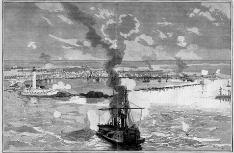 The bombing of Alexandria (Egypt), 11-13 July 1882: view of the city and port of Alexandria at the beginning of the action launched by the British fleet after the anti-European riot organized by Arabi Pasha (Orabi Pasha, Ahmed Urabi) in June 1882. Engraving by De Haenen in “” Le Monde Illustré”” n°1322 of 29 July 1882.