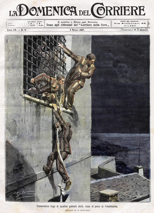 escape of three prisoners from Finalmarina prison in Italy in 1907. Iluustration of Achille Beltrame for the Domenica del Corriere of March 3, 1907