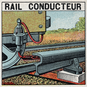 Electric railways: conductive rail. Anonymous illustration of 1925 (print)