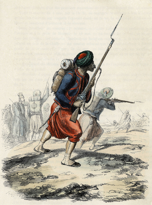 Battalion of Zouaves of the French Armee, composed of natives, formed by General Clausel in 1830 for the expedition of the Atlas to Algeria, In “” L'Algerie ancienne et moderne”” by Leon Galibert, 1844.