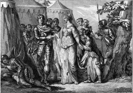 Marriage of Childeric I (ca. 436-481 or 482), King of the Salians Francs, with Basin of Thuringia (445-491), in 463. Engraving of the 18th century.