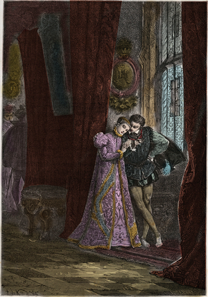 Les jeunes fiances Marie Iere Stuart (1542 - 1587) et Francois II (1544 - 1560) - Mary, Queen of Scots, or Mary Stuart, Mary I of Scotland (1542-87), with her Husband, Francis II (1544-60) of France - engraving from “” L'histoire de France racontee à mes grandenfants”” - by Francois Guizot - 1872-1872-1872-1872-1876