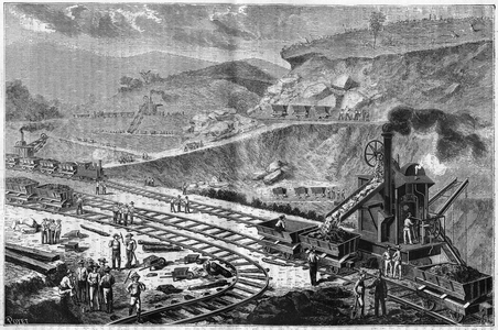 Engraving from 1885 showing the work of drilling the Isthmus of Panama. View of one of the attacks at Emperador's shipyard.