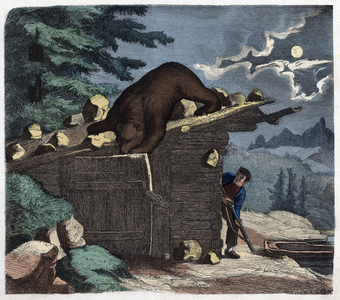 Hunter wanting to kill the bear from the alpine forest. In "Wenn Jemand eine Reise thut, so kann er was erzahlen”", German tale by Franz Wiedemann, 1895.