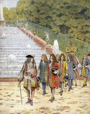 Louis XIV, known as the Sun King (King Sun or Louis the Great, 1638-1715), showing the gardens of the castle of Marly to the Jewish banker, Samuel Bernard (1651-1739), who hope to obtain from him a financial aid for the Spanish War of Succession. Chromotypography in “” Le Roy Soleil”” (Louis XIV) by Gustave Toutwelve, Illustration by Maurice Leloir (1853-1940), 1904. Privee Collection.