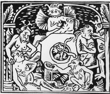 The devils tormentors force toads and snakes to the gluttons - "Grand Calendrier et Compost des Bergers", Lyon, 1633