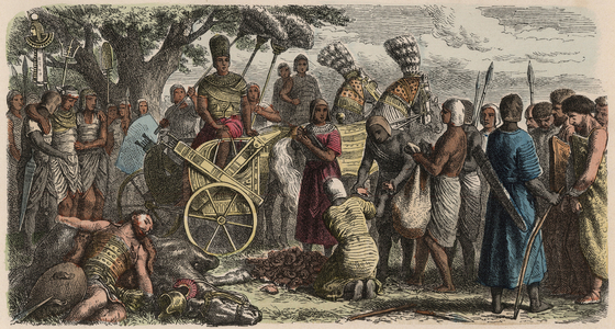 Ancient Egypt: the prisoners brought before the victorious pharaoh Ramses II, to have their hands cut off, 1866 (coloured engraving)