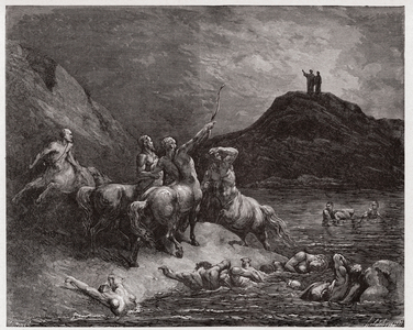 The Divine Comedy (La Divina Commedia, La Divine Comedie), Inferno, Canto 12: Nessus and the centaurs - by Dante Alighieri (1265-1321) - Illustration by Gustave Dore (1832-1883), 1885