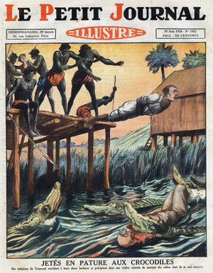 Human sacrifice: indigenous people from Transvaal sacrifice English settlers to their gods by throwing them into crocodiles,  1928.
