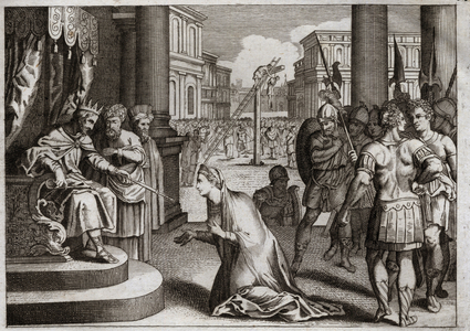 Bible of Royaumont, Old Testament: Punishment of Aman. Assuerus I (Xerxes I) hangs Aman (Haman) from the gallows he had prepared for Mardochee (or Mordekhai or Mordecai), and retracts the Death Edit which he had published throughout his kingdom against the Jews. Illustration from 1811.