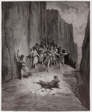 The Divine Comedy (La Divina Commedia, La Divine Comedie), Purgatorio, Canto 15: Dante's vision of the stoning of Stephen - by Dante Alighieri (1265-1321) - Illustration by Gustave Dore (1832-1883), 1885