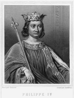 Portrait of Philip IV the Bel (1268 - 1314), King of France - in “Histoire des Français”” by Lavallée, engraving, sd., 19th century.