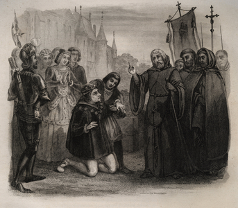 Louis XI asking for his guerison to Francois de Paule Engraving of 1846 in “Lives of the saints".