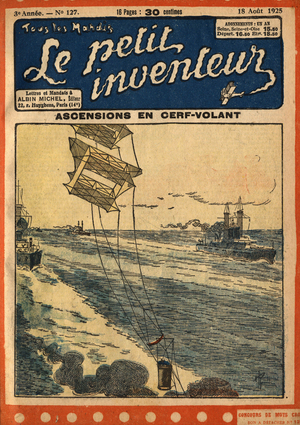 Cover of "the Little Inventor" 1924-1925: the epopee of men flying kite, here attempt to climb pulls by a boat.