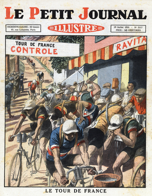The 1931 Tour de France cyclists refuelling water at the time of the stage in the Alps. From “Le petit journal illustré" of 1931.