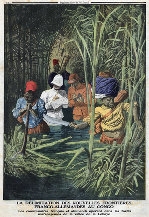 The delimitation of the new Franco-German frontiers in Congo: French and German commissioners operating in the marecageuse forest of the Lobaye valley, 1913 (print)