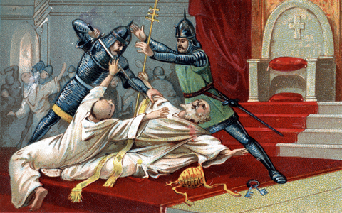 Anagni bombing. Helpful help of William of Nogaret, sent by the King of France Philip IV the Bel; on 8 September 1303 he stopped Pope Boniface VIII in Anagni (Benedetto Caetani dit Bonifacio VIII, 1230-1303). Chromolithography of the 19th century.