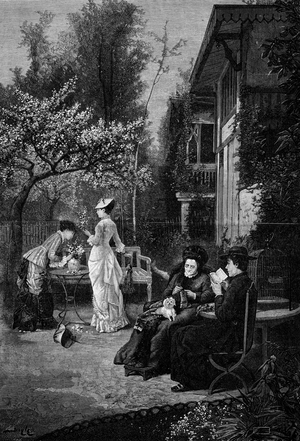 Flowers of peach. Engraving after the painting by Pierre Beyle. In "Le Monde Illustré" n°1250 of March 12, 1881.
