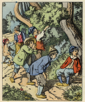 Little Poucet and his brothers lost in the forest abandoned by their parents. Illustration of the tale “” Le Pepetit Poucet”” by Charles Perrault, 1697. In “” Tales from the home for the little ones””. Anonymous engraving of the 19th century.